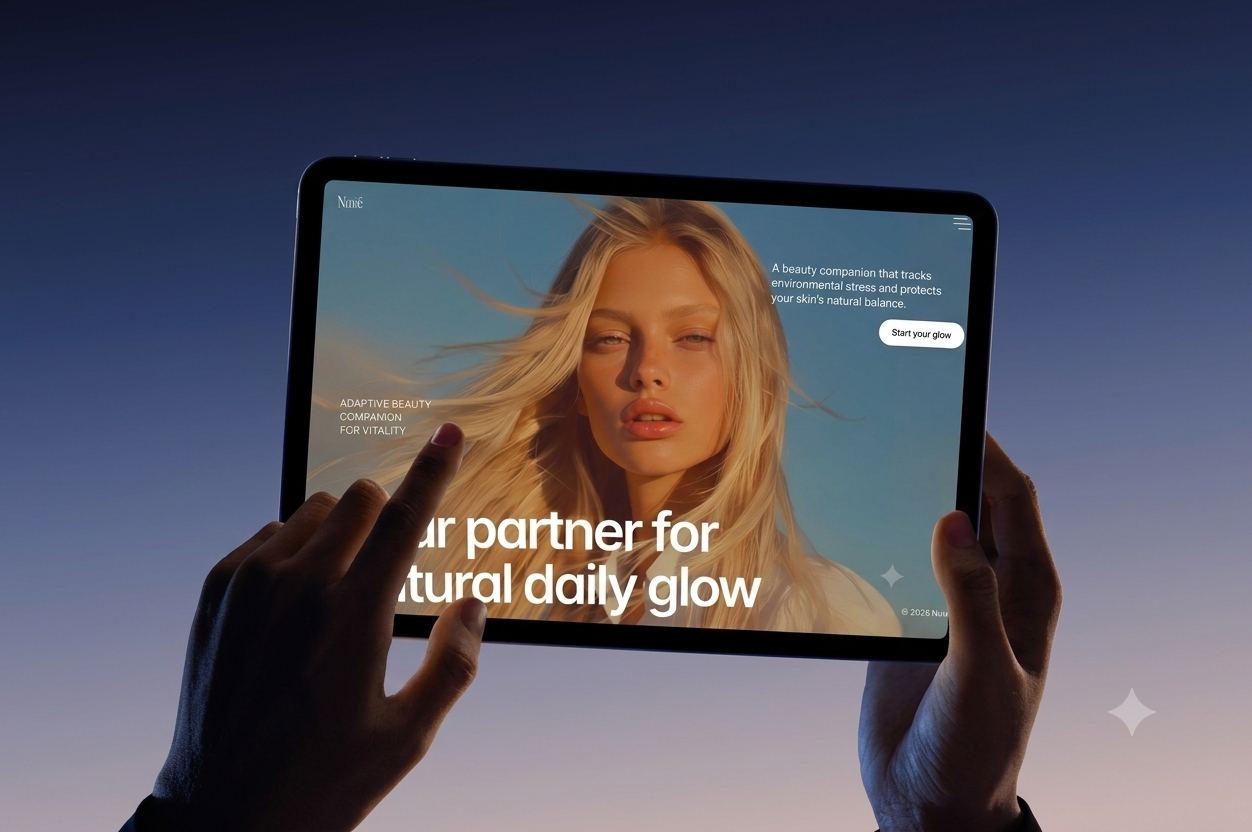 Nué beauty companion app website mockup on a tablet, adaptive daily glow skincare landing page