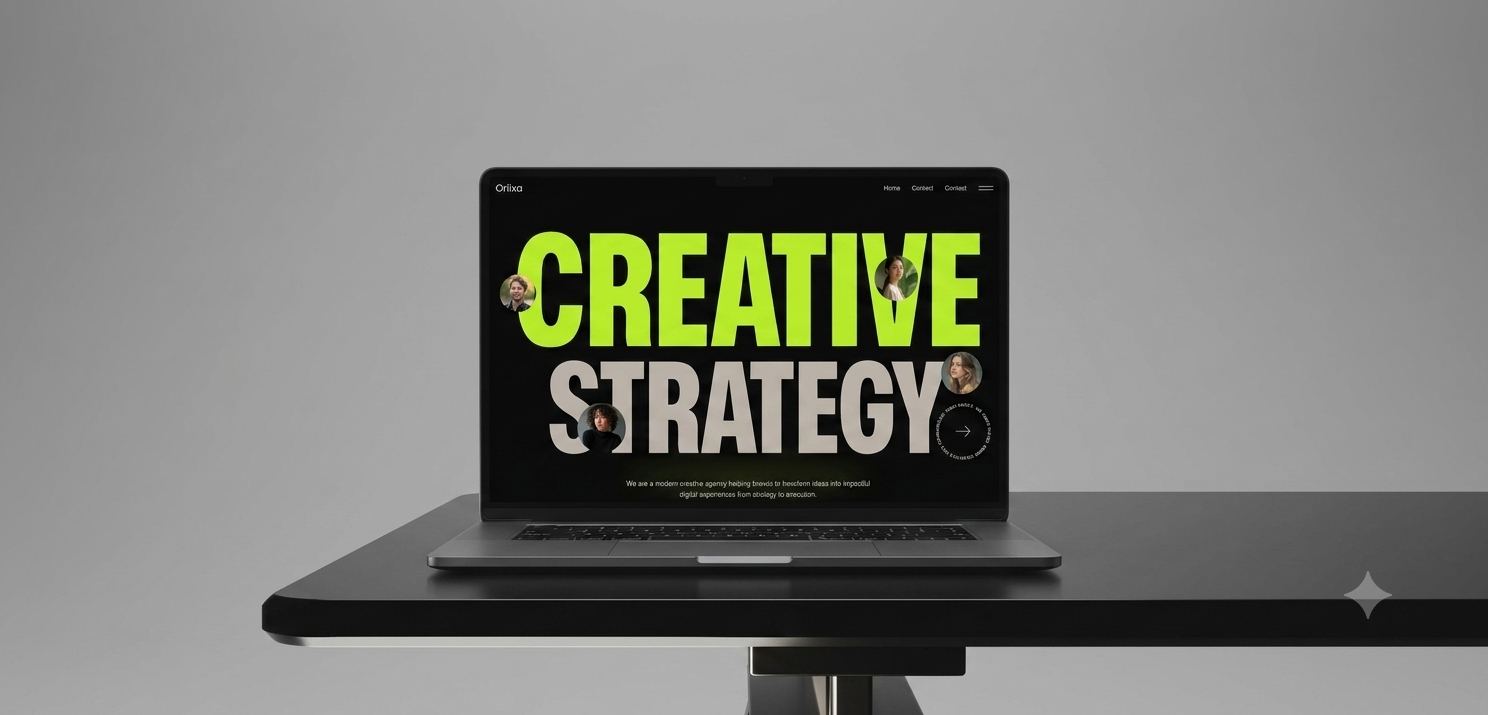 Oriixa creative agency website mockup on a laptop, bold neon green Creative Strategy headline
