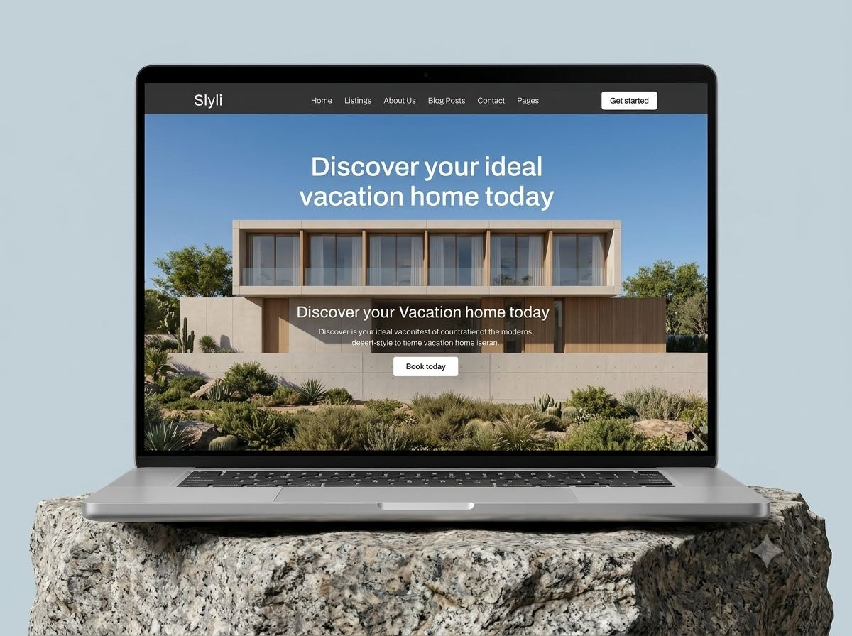 Slyli vacation rentals website mockup on a laptop, modern desert-style home hero image
